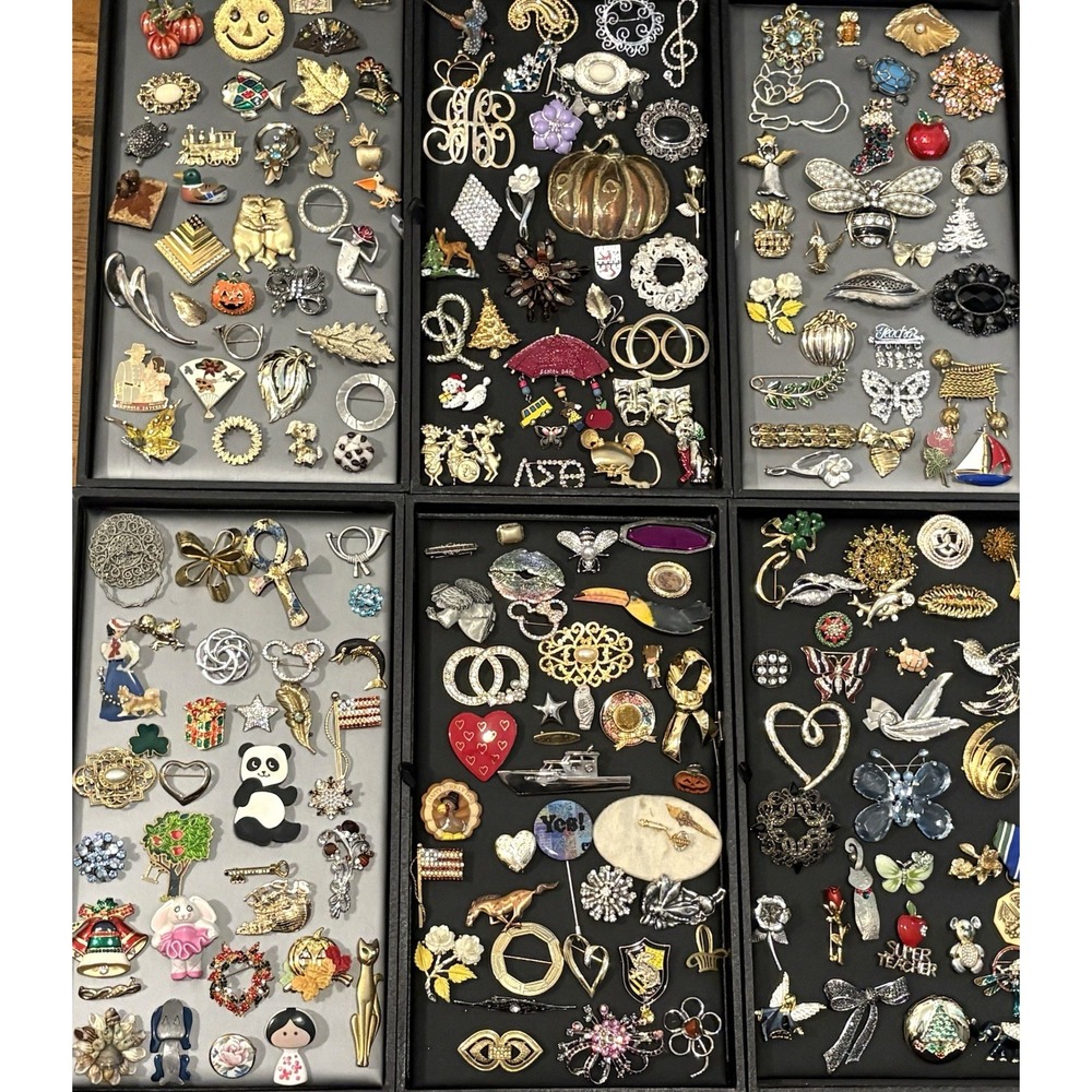 HUGE Vintage - Modern LOT Rhinestone Mixed Material Brooch Pin Some Signed